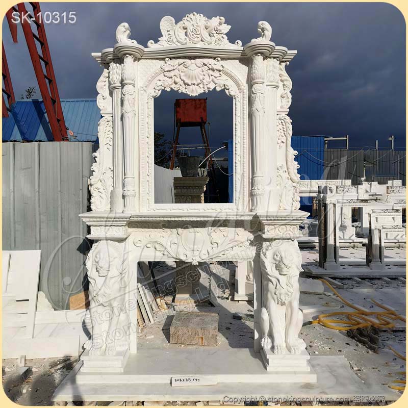 Solid White Marble High Ceiling Two Story Fireplace Mantel for Living Room for sale