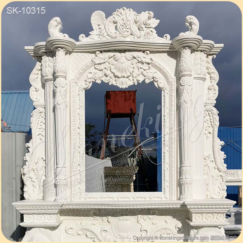 Solid White Marble High Ceiling Two Story Fireplace Mantel for Living Room for sale