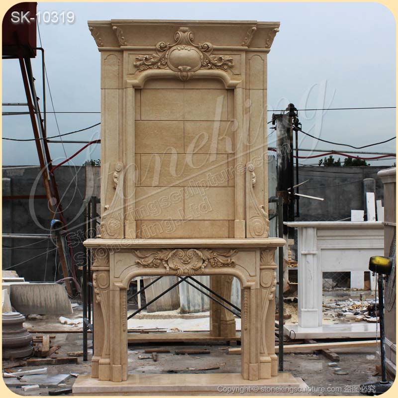 Factory Price Overmantel Beige Marble High Ceiling Fireplace for Living Room for sale