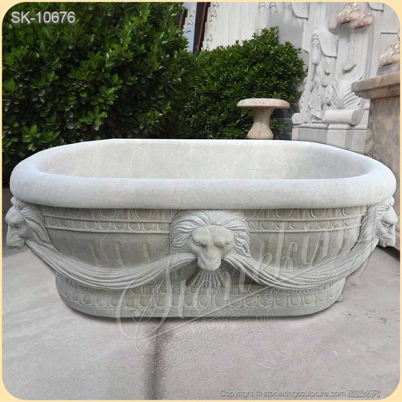 Wholesale Hand Carved Freestanding Oval Natural Stone Bathtub with Lion Head for sale