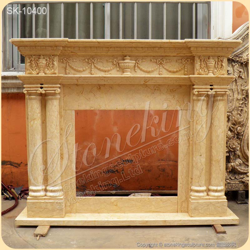 Manufacturer Egyptian Beige Marble Traditional Fireplace Mantel Decor for Living Room for sale