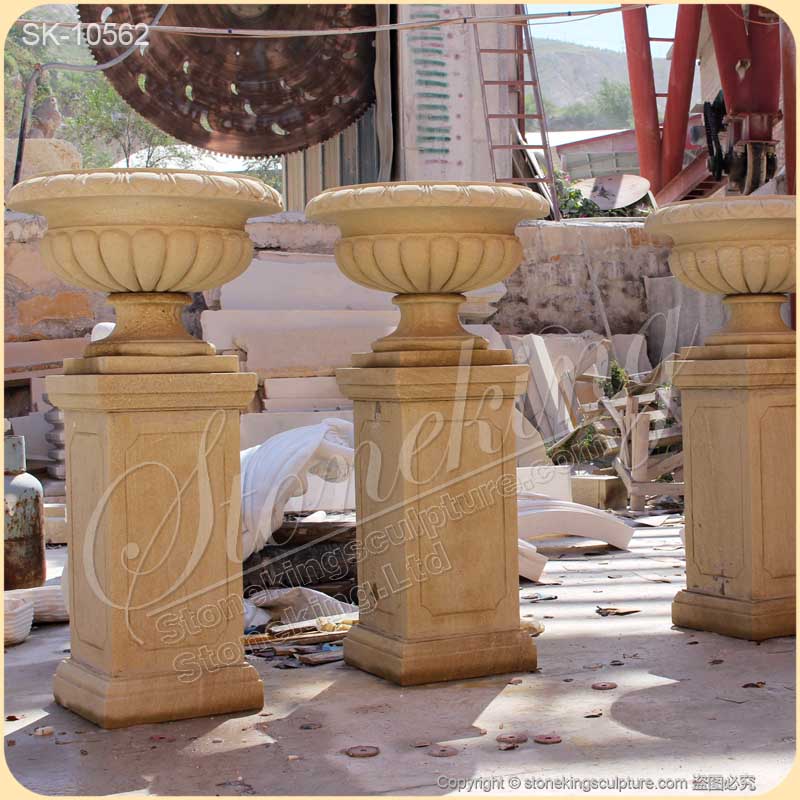 Factory Supply Outdoor Natural Stone Planter Pot with pedestal for garden decoration for sale