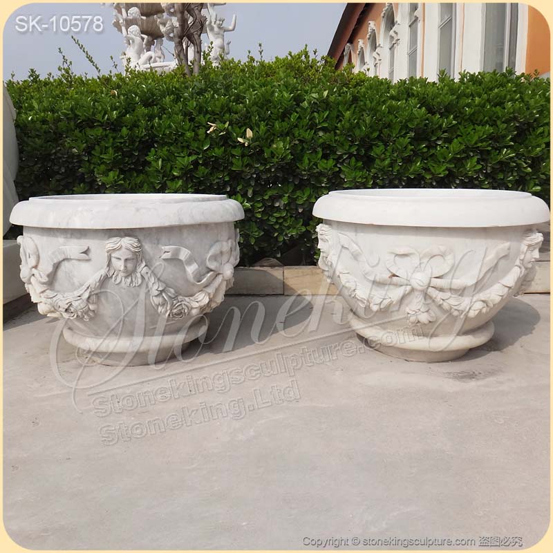 High Quality Solid White Marble Planters for Outdoor and Garden Landscaping for sale