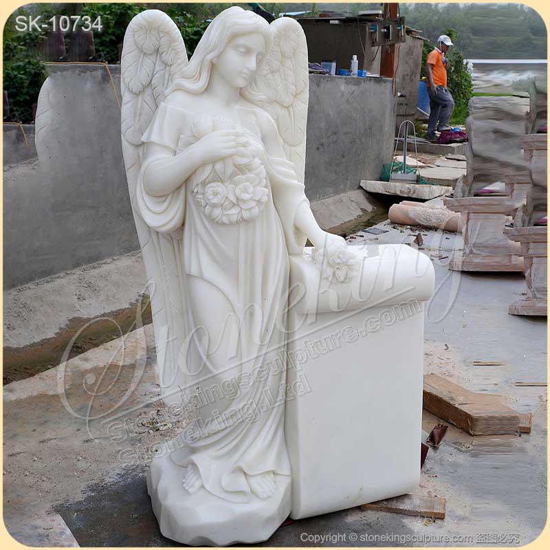 Factory Price Handcrafted White Marble Headstone with Angel Statue for Grave for sale