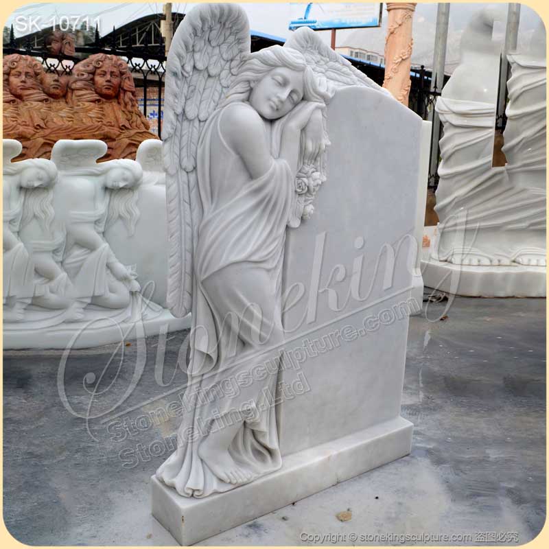 Factory Price Handcrafted White Marble Headstone with Angel Statue for Grave for sale