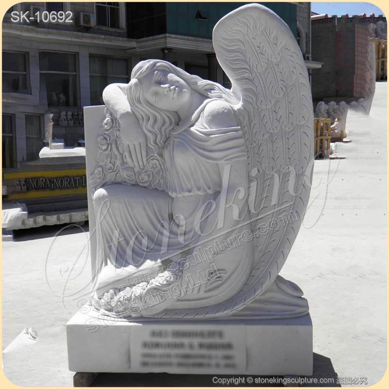 Factory Price Handcrafted White Marble Headstone with Angel Statue for Grave for sale