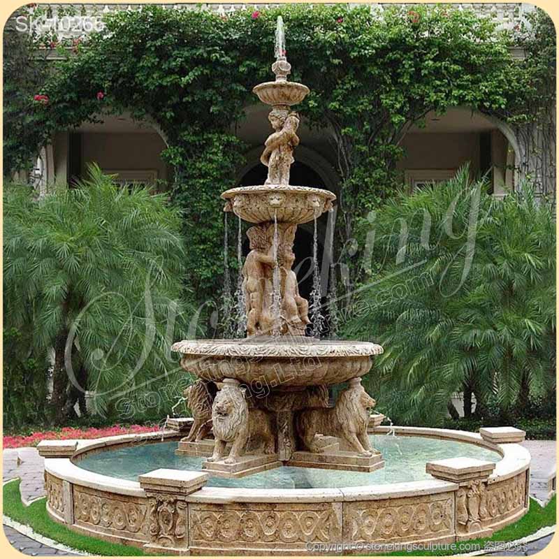 Large Outdoor Marble Fountain with Lion Statues for Garden and Home Decor for sale