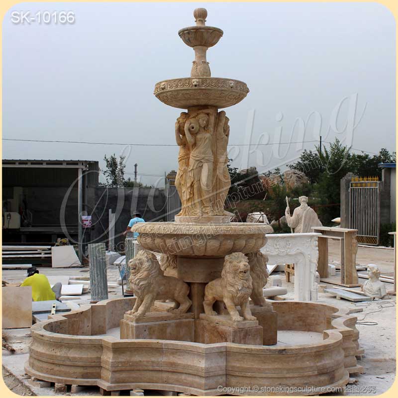 Large Outdoor Marble Fountain with Lion Statues for Garden and Home Decor for sale