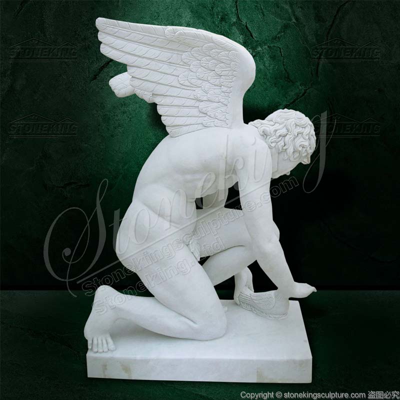 Life Size Marble Nude Male Garden Angel Statue Kneeling with a bird for Outdoor Ornaments for sale 