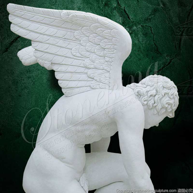 Life Size Marble Nude Male Garden Angel Statue Kneeling with a bird for Outdoor Ornaments for sale 