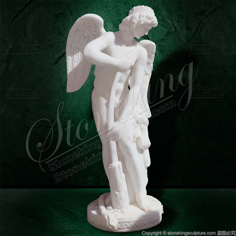 Marble Garden Angel Statue of Cupid Carving his Bow from the Club of Hercules for outdoor decor 