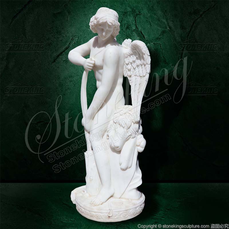 Marble Garden Angel Statue of Cupid Carving his Bow from the Club of Hercules for outdoor decor 