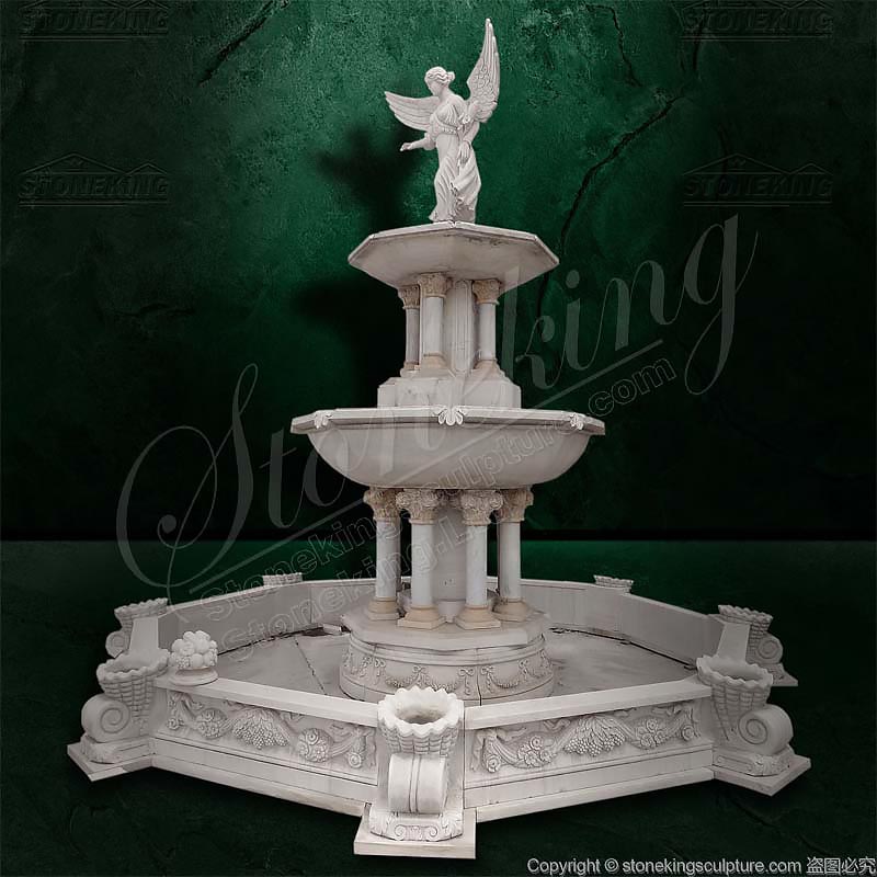 Marble Outdoor Garden Angel Water Feature Fountain with carved pillars for yard decor 