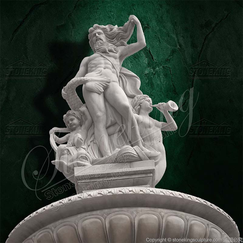 Large Outdoor White Marble Neptune water fountain with carved children and statues for sale 