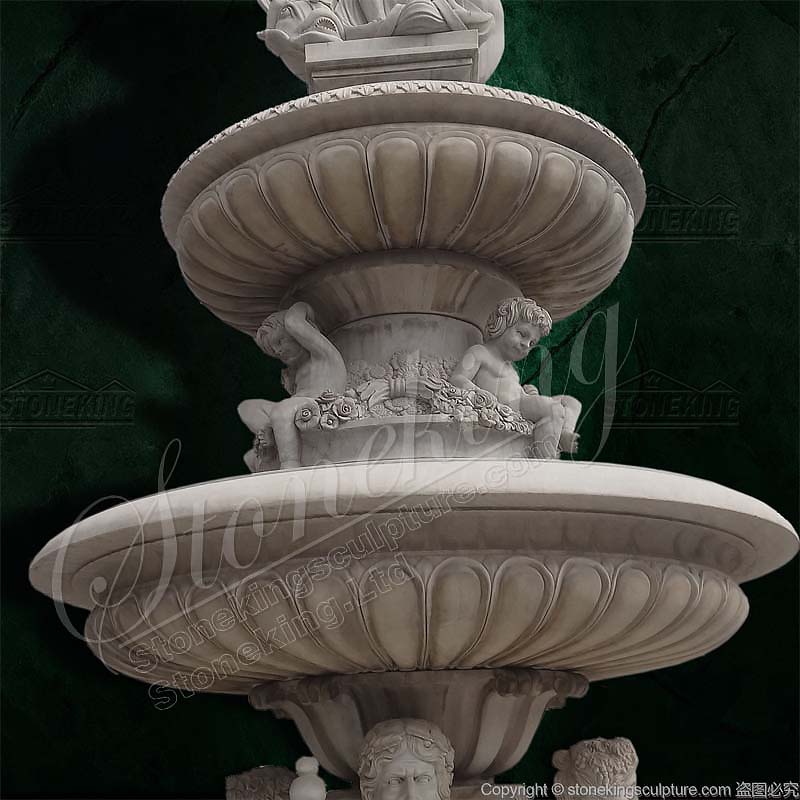 Large Outdoor White Marble Neptune water fountain with carved children and statues for sale 