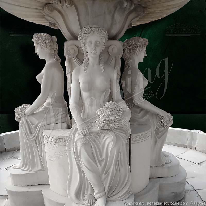 Large Outdoor White Marble Neptune water fountain with carved children and statues for sale 