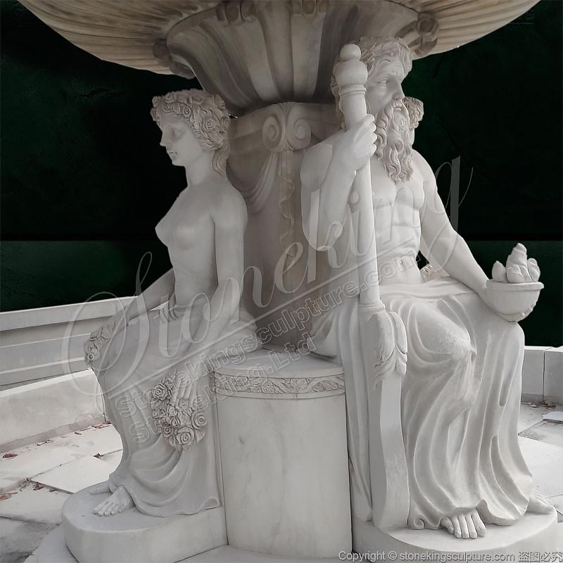 Large Outdoor White Marble Neptune water fountain with carved children and statues for sale 