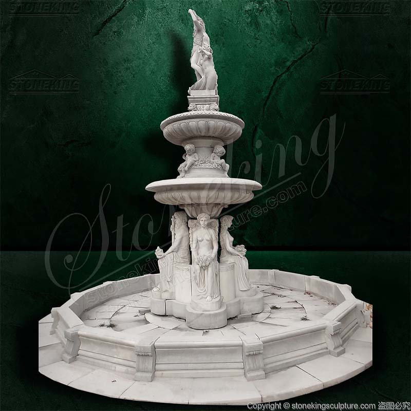 Large Outdoor White Marble Neptune water fountain with carved children and statues for sale 