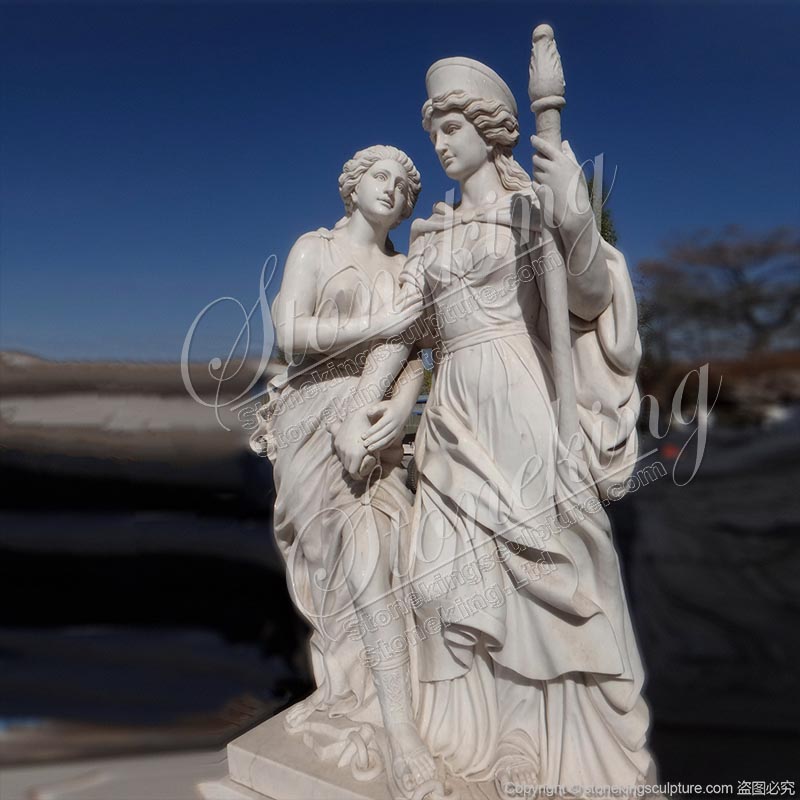 Manufacture Hand Carved Pair of Roman White Marble Female Soldier Statues for home decor 