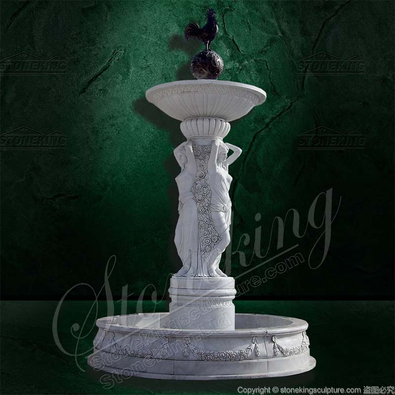 Outdoor Courtyard White Marble Water Fountain with woman statues for sale 