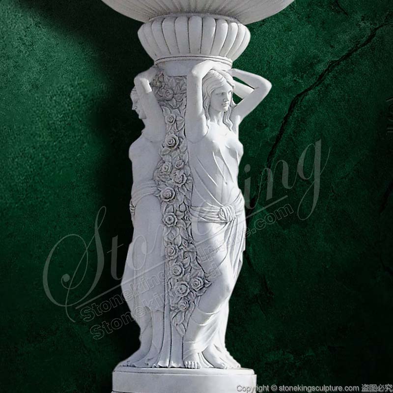 Outdoor Courtyard White Marble Water Fountain with woman statues for sale 