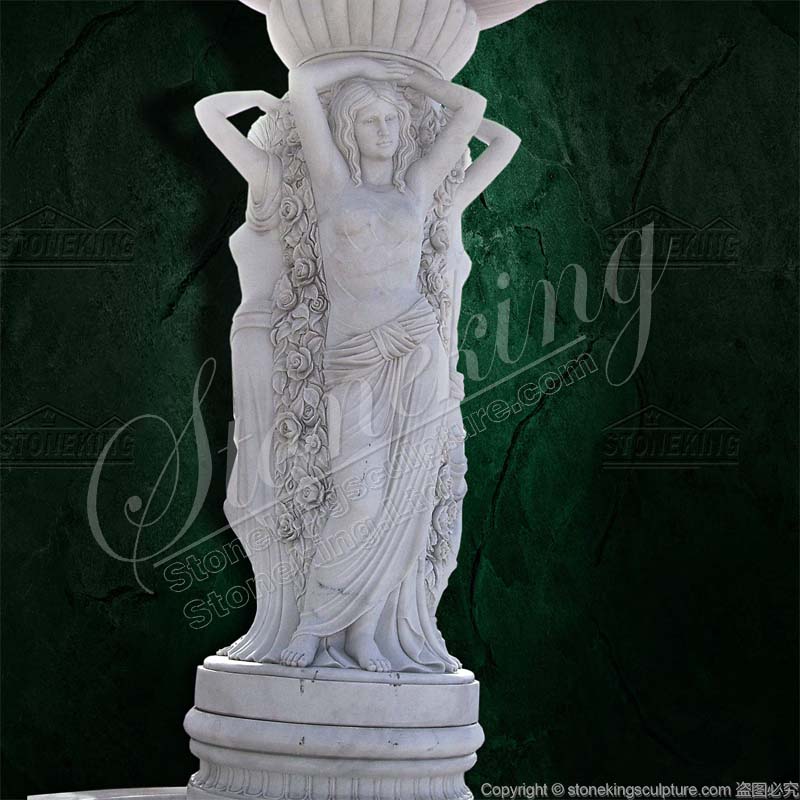 Outdoor Courtyard White Marble Water Fountain with woman statues for sale 