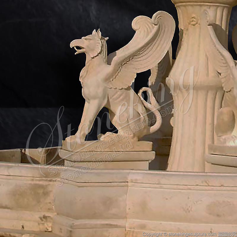 Best Outdoor Egyptian Beige Marble Water Fountain with Griffins and Lion heads Manufacturer 