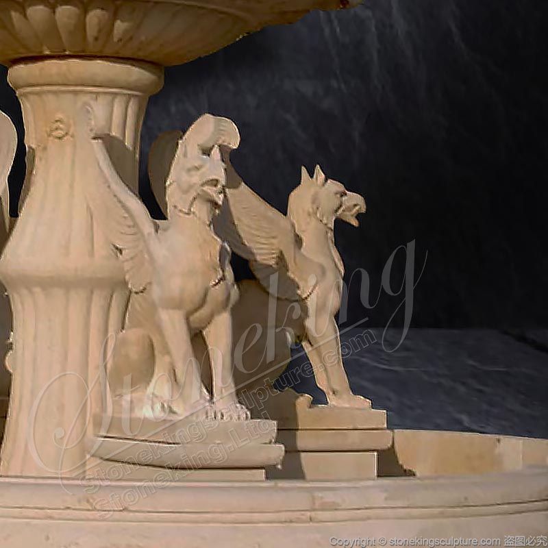 Best Outdoor Egyptian Beige Marble Water Fountain with Griffins and Lion heads Manufacturer 