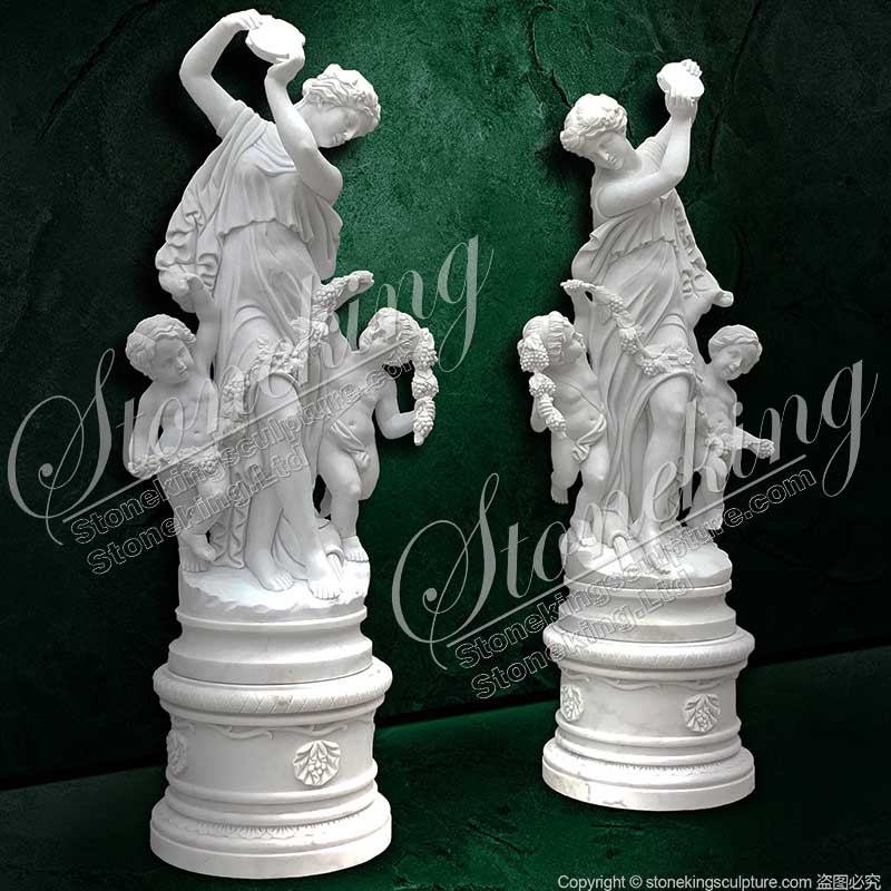 Marble Bacchante Statue with Two Children in Pair-Stoneking Sculpture