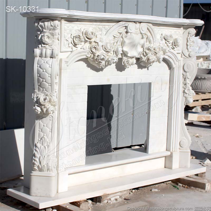 Top Selling Hand Carved French Marble Fireplace Surround Designs with Rose Garlands for Living room 