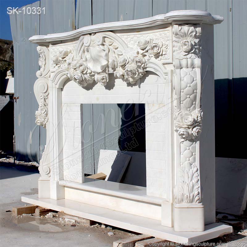 Top Selling Hand Carved French Marble Fireplace Surround Designs with Rose Garlands for Living room 