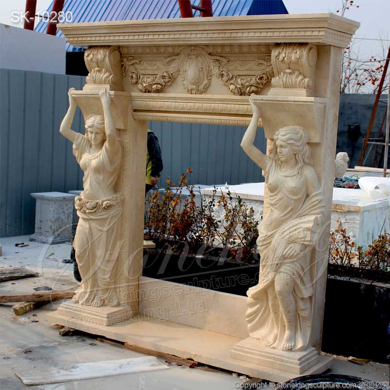 High Quality Caryatid Yellow Travertine Natural Stone Fireplace Surround Ideas Manufacturer