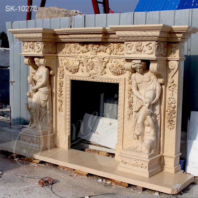 Luxurious Egyptian Beige Marble Fireplace Mantel Shelf with Grecian Woman Statues for sale