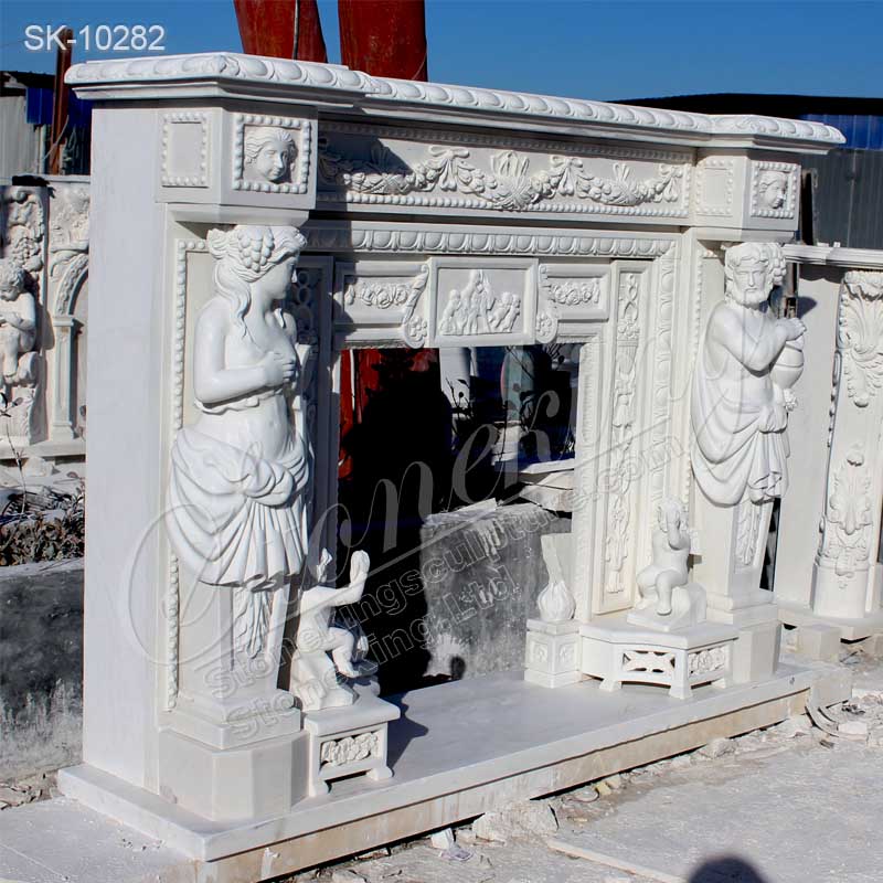 China Supplier Hand Carved Natural White Marble Fireplace Mantel with Greek Statues and Cherubs 