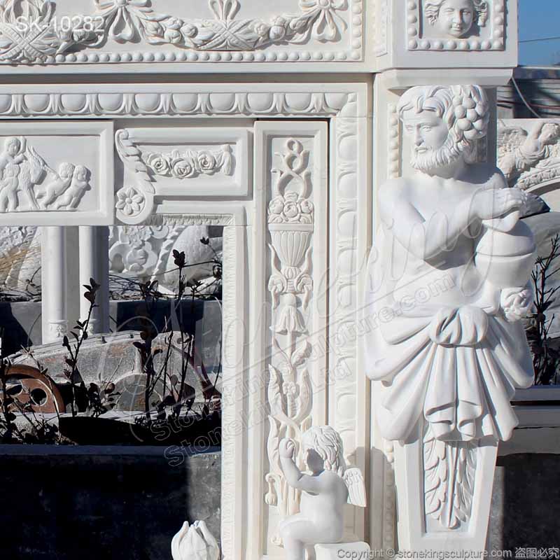 China Supplier Hand Carved Natural White Marble Fireplace Mantel with Greek Statues and Cherubs 