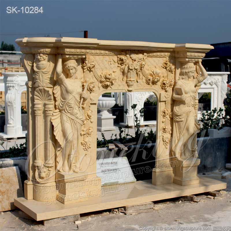 Factory Price Natural Egyptian Beige Marble Majestic Fireplace Mantel Surround with Woman sculptures