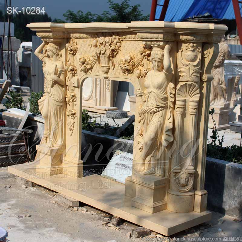 Factory Price Natural Egyptian Beige Marble Majestic Fireplace Mantel Surround with Woman sculptures