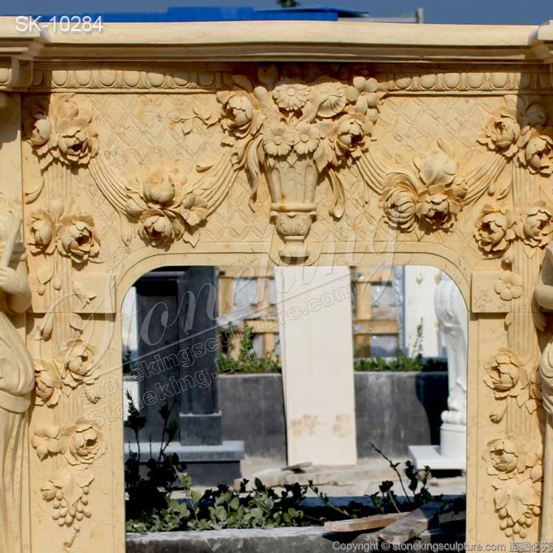 Factory Price Natural Egyptian Beige Marble Majestic Fireplace Mantel Surround with Woman sculptures