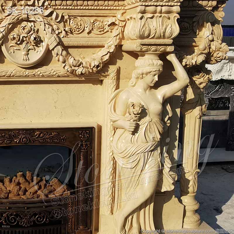  Beautiful Egyptian Beige Marble Luxury Fireplace Mantel Designs with Female Statues and Garland for sale 