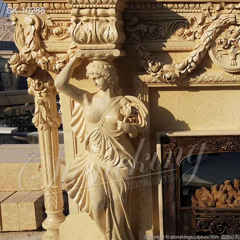  Beautiful Egyptian Beige Marble Luxury Fireplace Mantel Designs with Female Statues and Garland for sale 