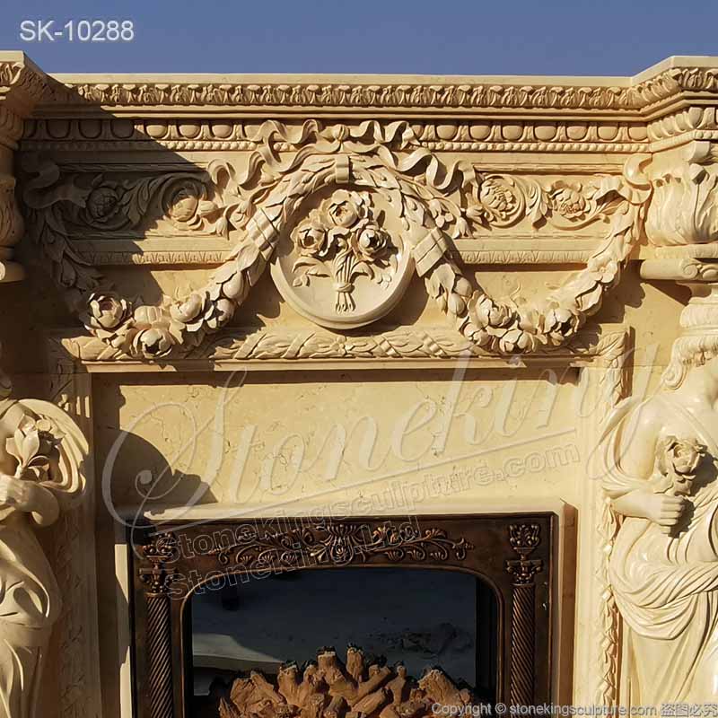  Beautiful Egyptian Beige Marble Luxury Fireplace Mantel Designs with Female Statues and Garland for sale 