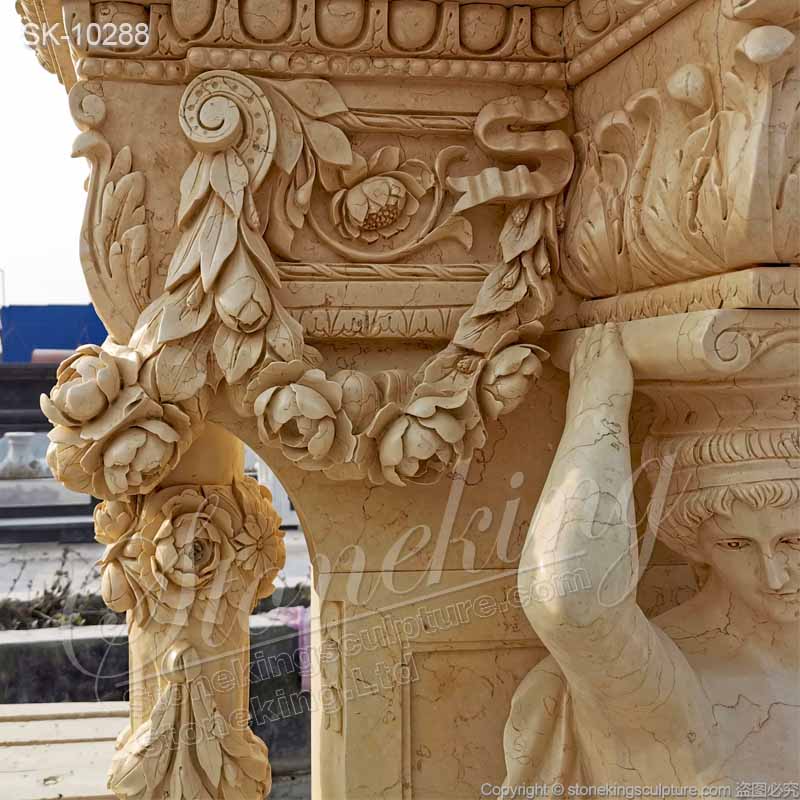  Beautiful Egyptian Beige Marble Luxury Fireplace Mantel Designs with Female Statues and Garland for sale 