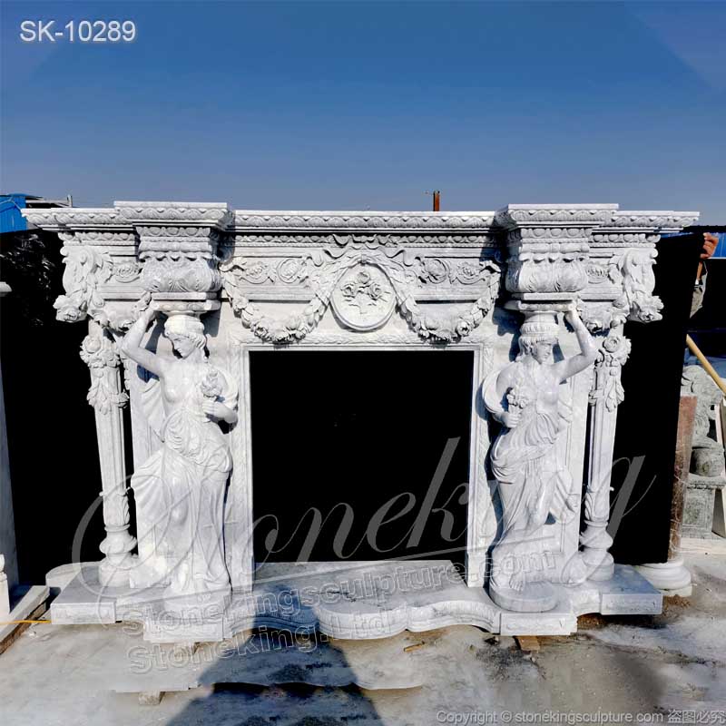 Top Selling Handcrafted Marble Classic Fireplace Surround Designs with Grecian Sculptures and columns