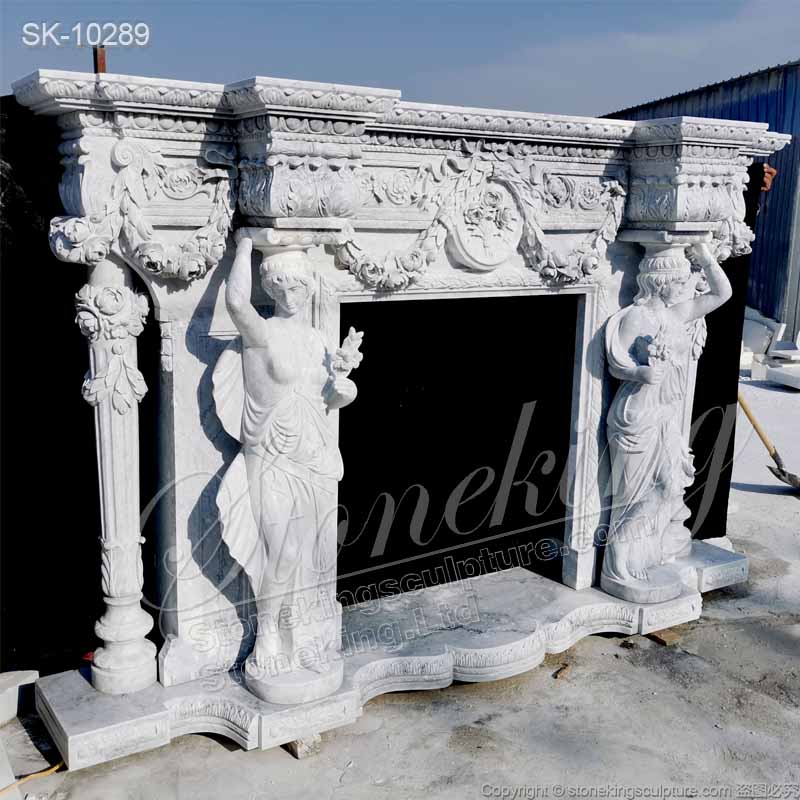 Top Selling Handcrafted Marble Classic Fireplace Surround Designs with Grecian Sculptures and columns