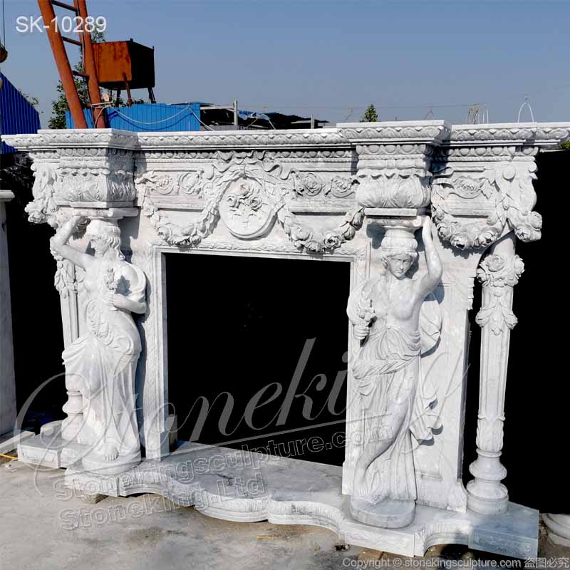 Top Selling Handcrafted Marble Classic Fireplace Surround Designs with Grecian Sculptures and columns