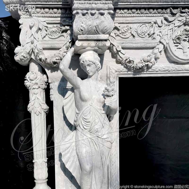 Top Selling Handcrafted Marble Classic Fireplace Surround Designs with Grecian Sculptures and columns