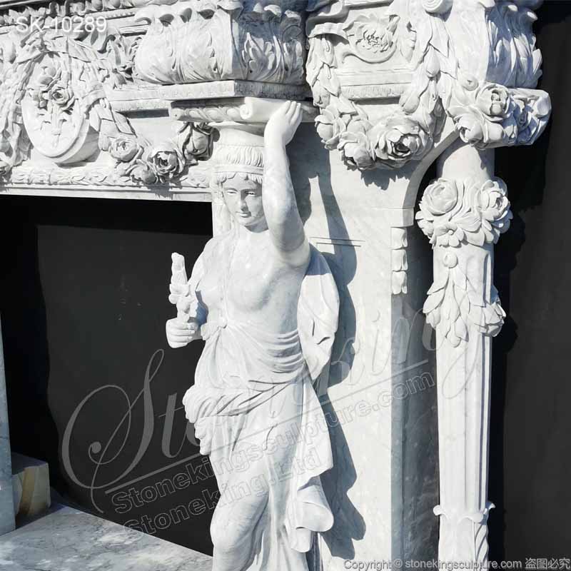 Top Selling Handcrafted Marble Classic Fireplace Surround Designs with Grecian Sculptures and columns