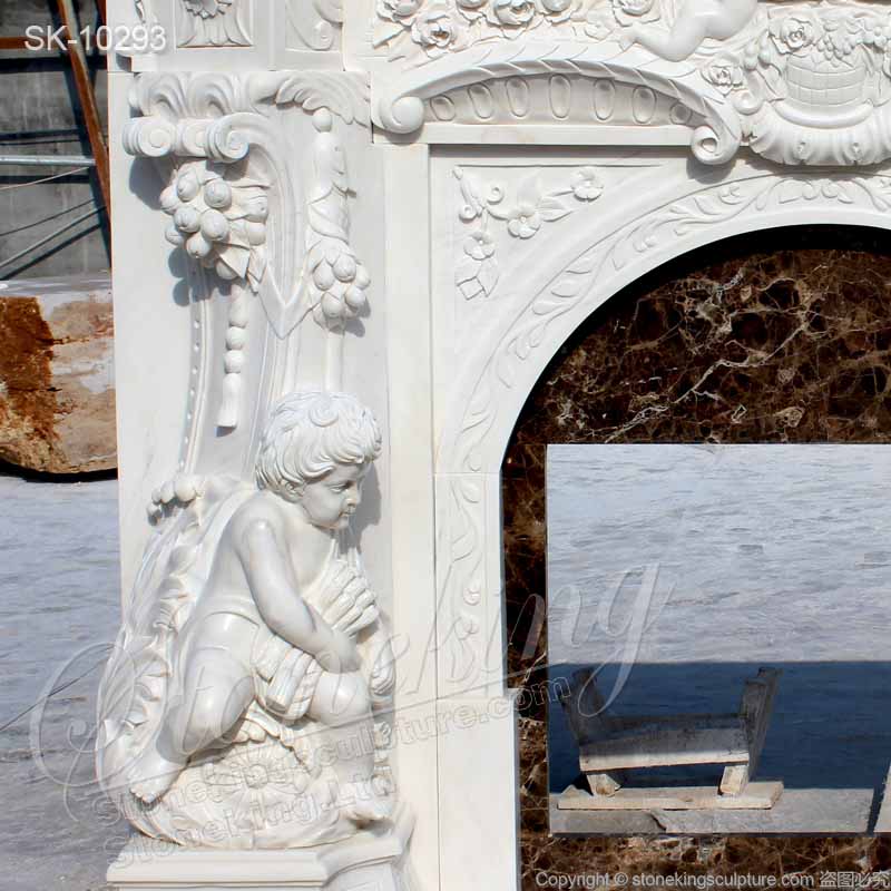 Factory Supplier Hand Carved Natural White Marble European Style Home Fireplace with Cherubim for sale 