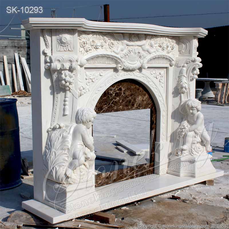 Factory Supplier Hand Carved Natural White Marble European Style Home Fireplace with Cherubim for sale 