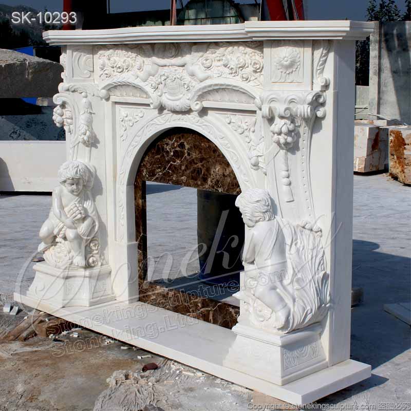 Factory Supplier Hand Carved Natural White Marble European Style Home Fireplace with Cherubim for sale 